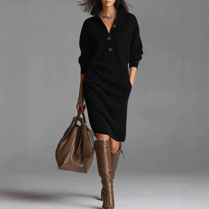 Women's Collared Button Front Knit Midi Sweater Dress