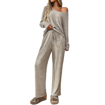 Cozy Ribbed V Neck Lounge Set with Wide Leg Pants