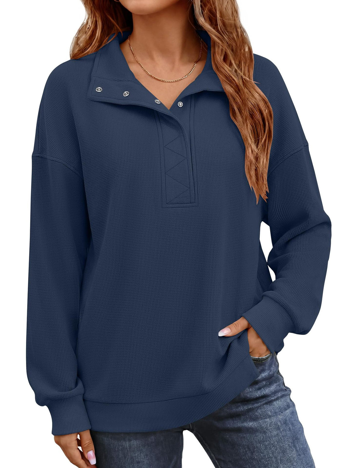 Women's Waffle Knit Oversized Button Pullover Sweatshirt