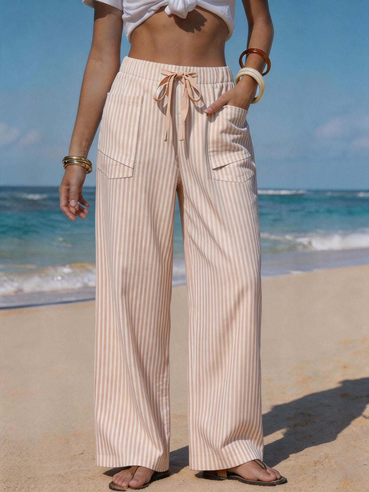 Women's Striped Linen Wide Leg Pants Drawstring Beach