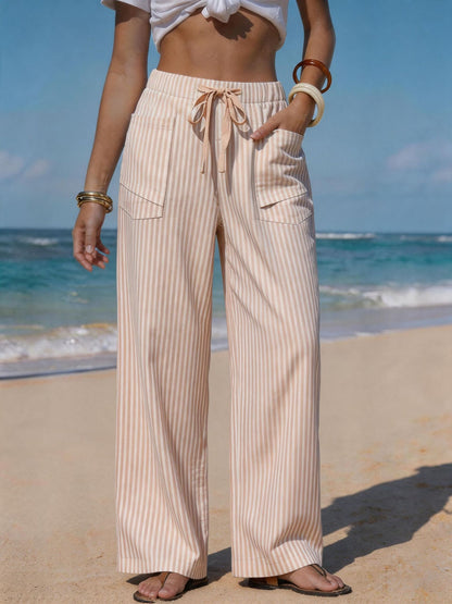 Women's Striped Linen Wide Leg Pants Drawstring Beach