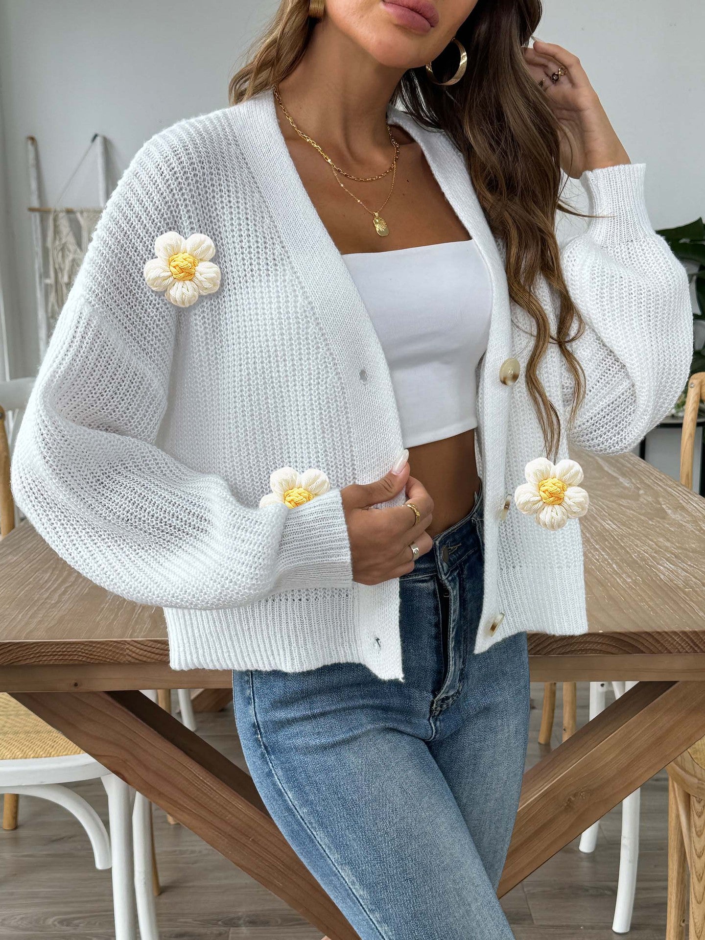 Floral Button-Up Cardigan | Cozy Crochet Trim Sweater