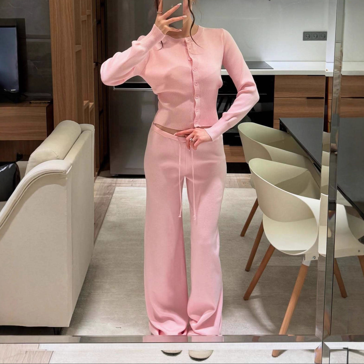Women's Two Piece Ribbed Knit Cardigan Wide Leg Pants Set