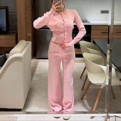 Women's Two Piece Ribbed Knit Cardigan Wide Leg Pants Set