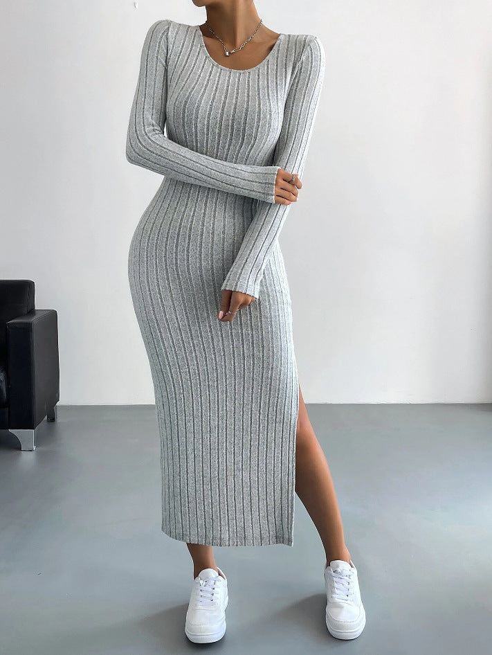 Ribbed Knit Long Sleeve Side Slit Bodycon Midi Dress