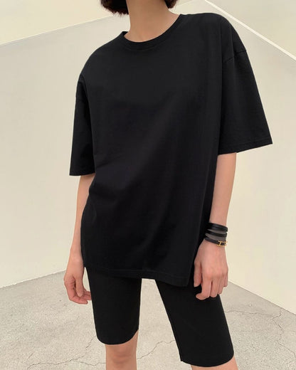 Solid Cotton T Shirt Loose Fit Crewneck Casual Top