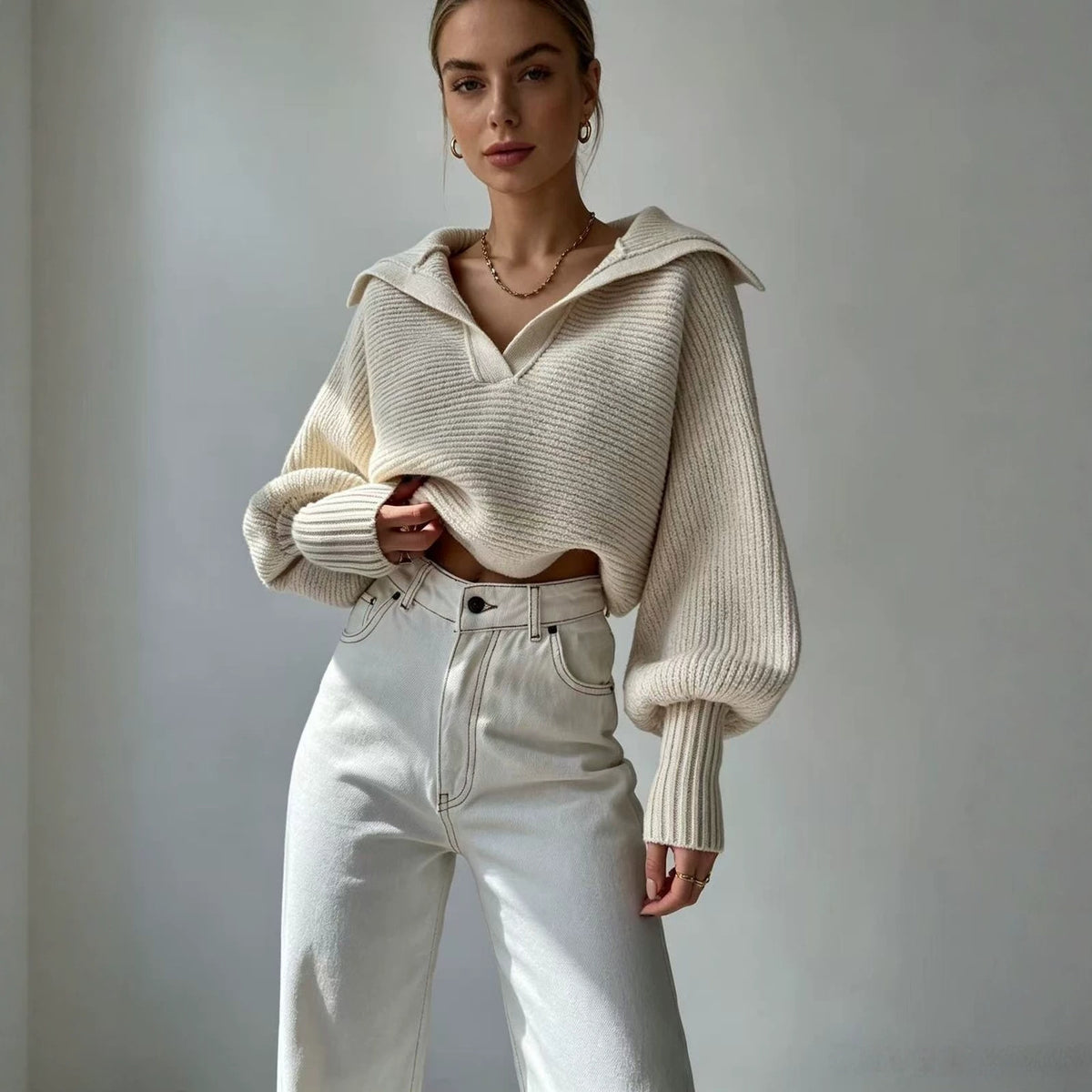 Chunky Knit Collared Balloon Sleeve Sweater