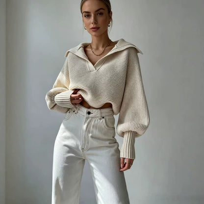 Chunky Knit Collared Balloon Sleeve Sweater