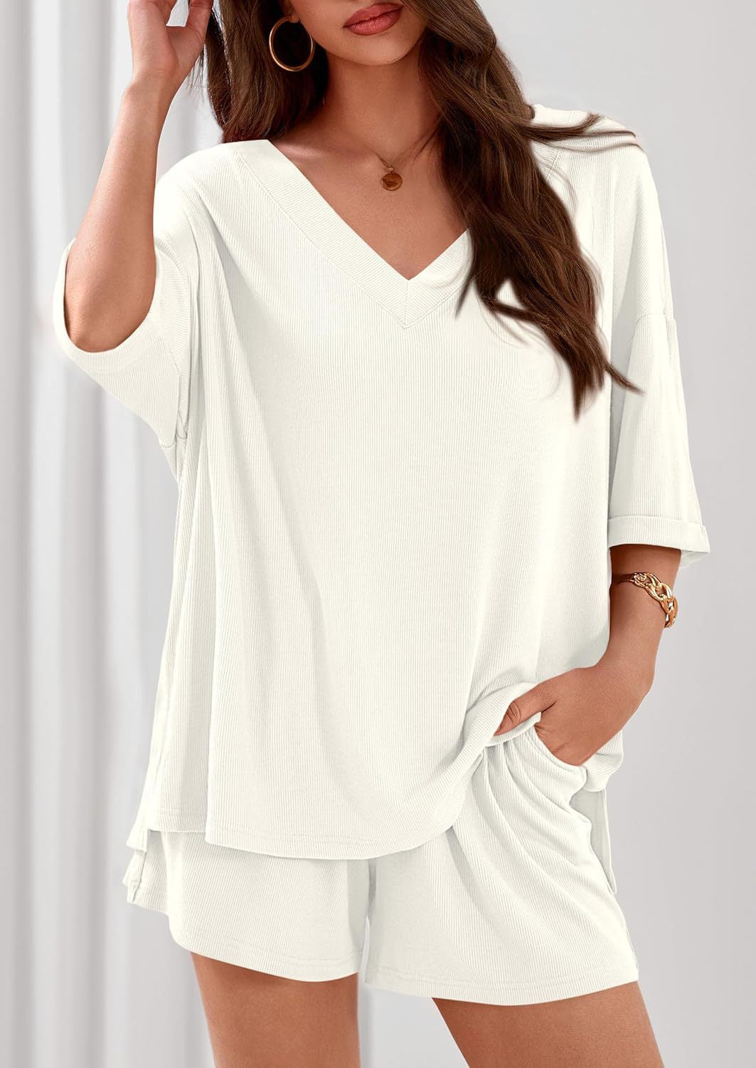 Ribbed V Neck Lounge Set Oversized Top Shorts Set