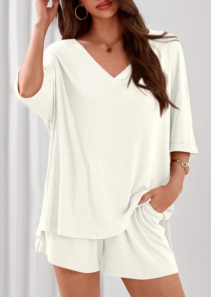 Ribbed V Neck Lounge Set Oversized Top Shorts Set