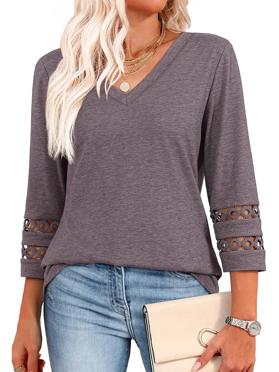 Women's V Neck 3/4 Sleeve Crochet Trim Loose Casual Blouse