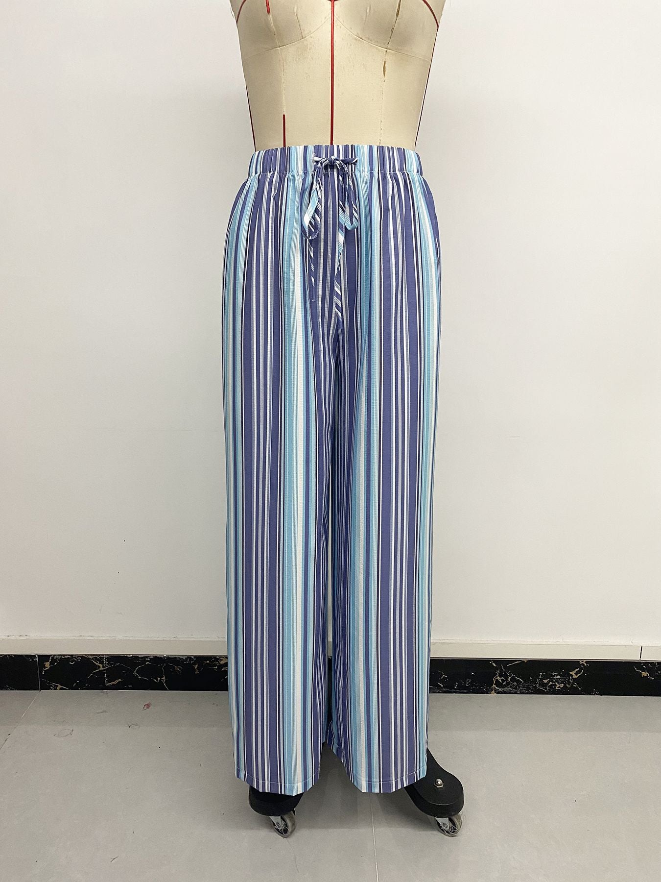 Blue Striped Drawstring Wide Leg Pants Casual Summer Trousers