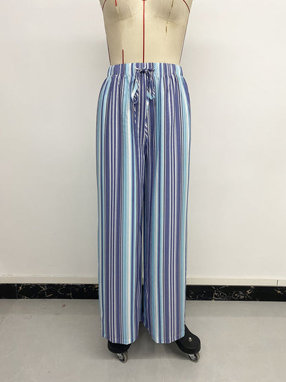 Blue Striped Drawstring Wide Leg Pants Casual Summer Trousers