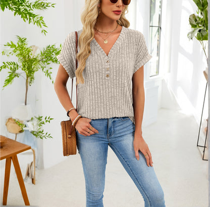 Ribbed Button V-Neck Top – Relaxed Fit Casual Summer Tee