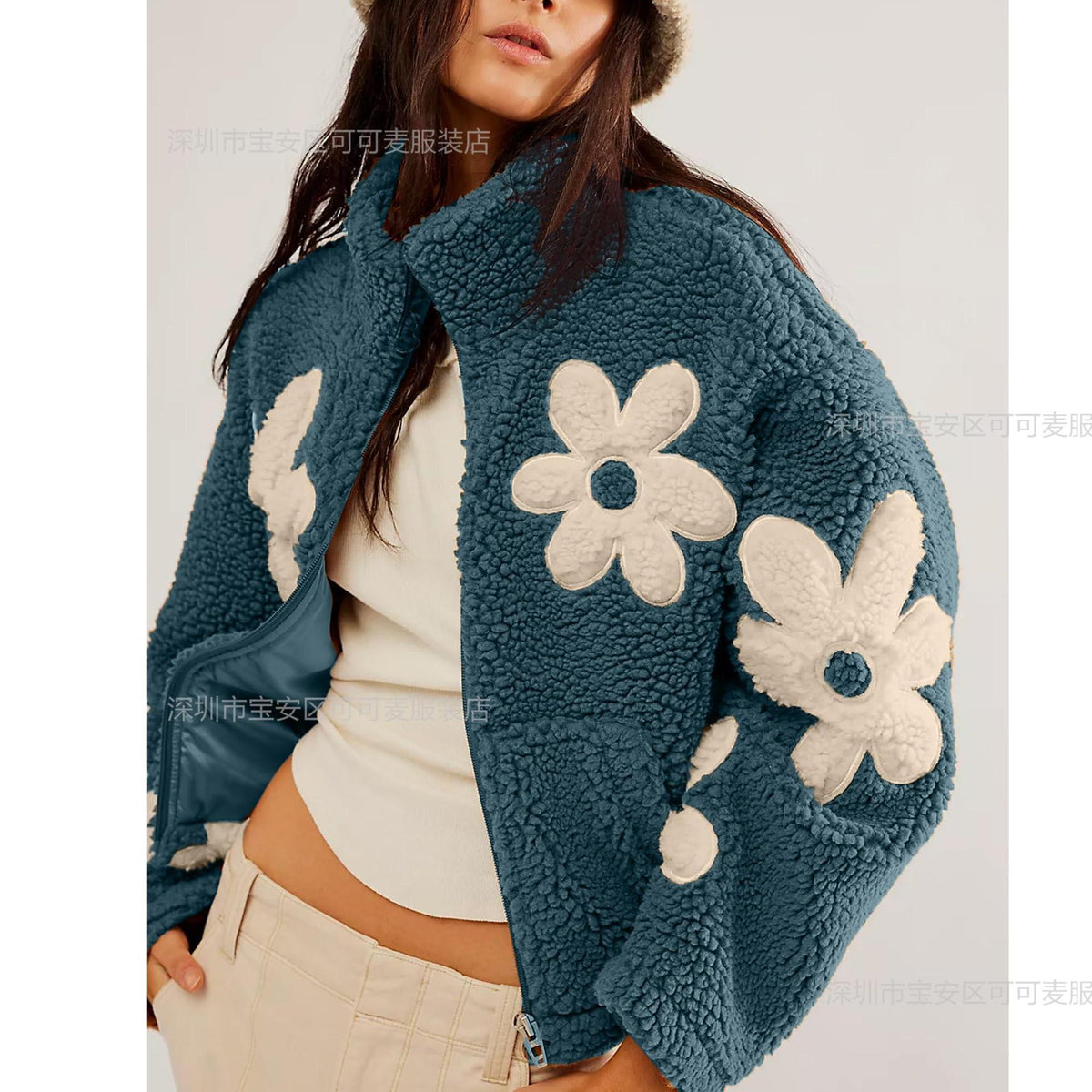 Oversized Floral Sherpa Zip-Up Fleece Jacket