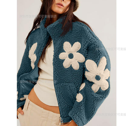 Oversized Floral Sherpa Zip-Up Fleece Jacket