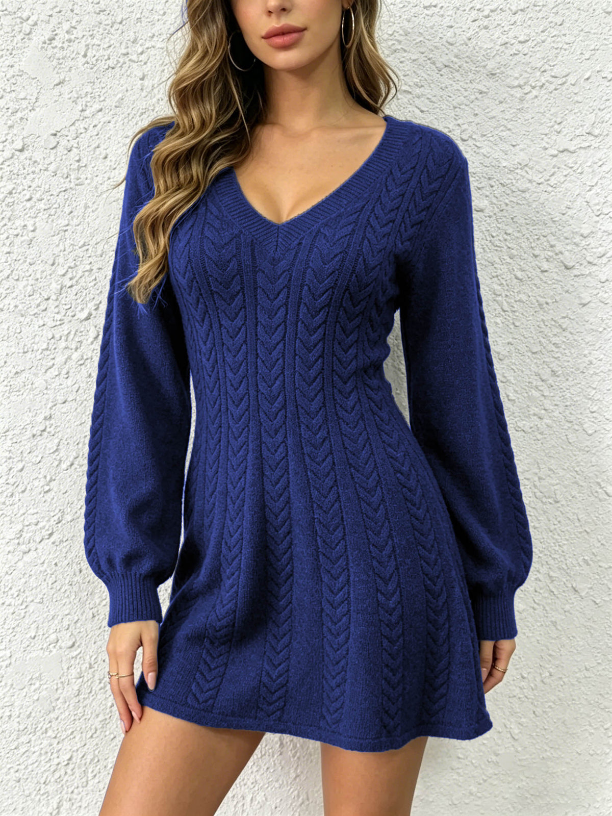 Cable Knit V-Neck Sweater Dress Balloon Sleeve Fit Flare