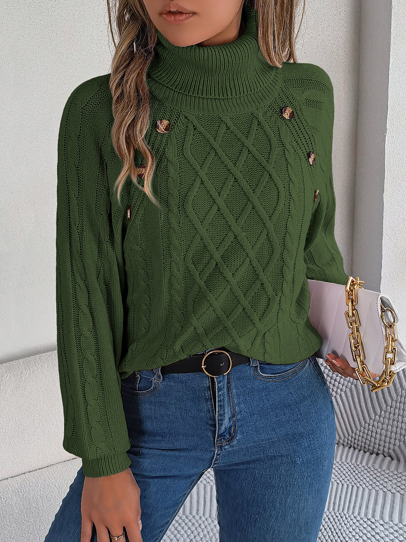 2025 Fall Winter Buttoned Cable Knit Turtleneck Sweater