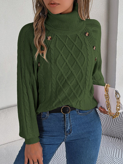 2025 Fall Winter Buttoned Cable Knit Turtleneck Sweater