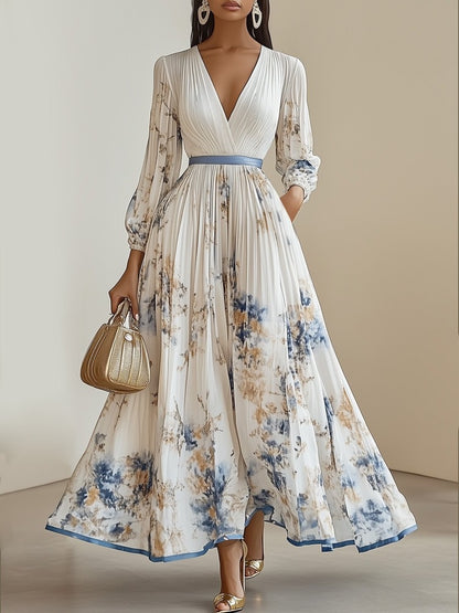 Floral Pleated V-Neck Long Sleeve Maxi Dress