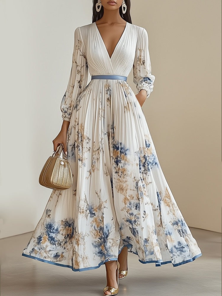 Women's Floral V-Neck Maxi Dress Long Sleeve Pleated A-Line
