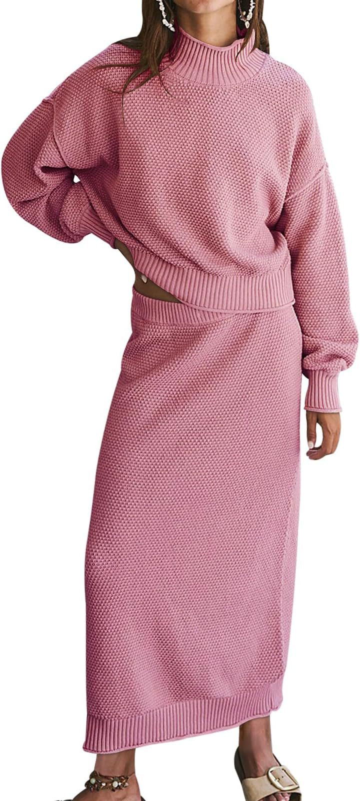 Women's Knit Two Piece Set Mock Neck Sweater Midi Skirt