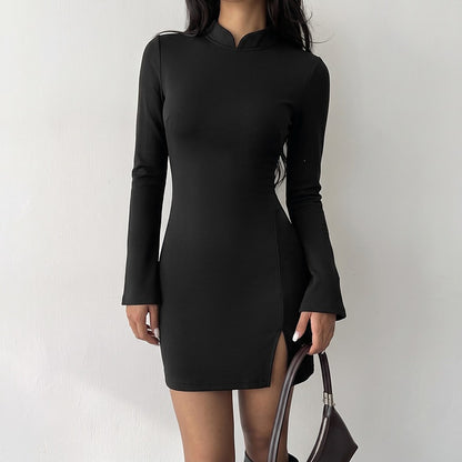 Black Long Sleeve Mini Dress Open Back Slit Chinese Collar