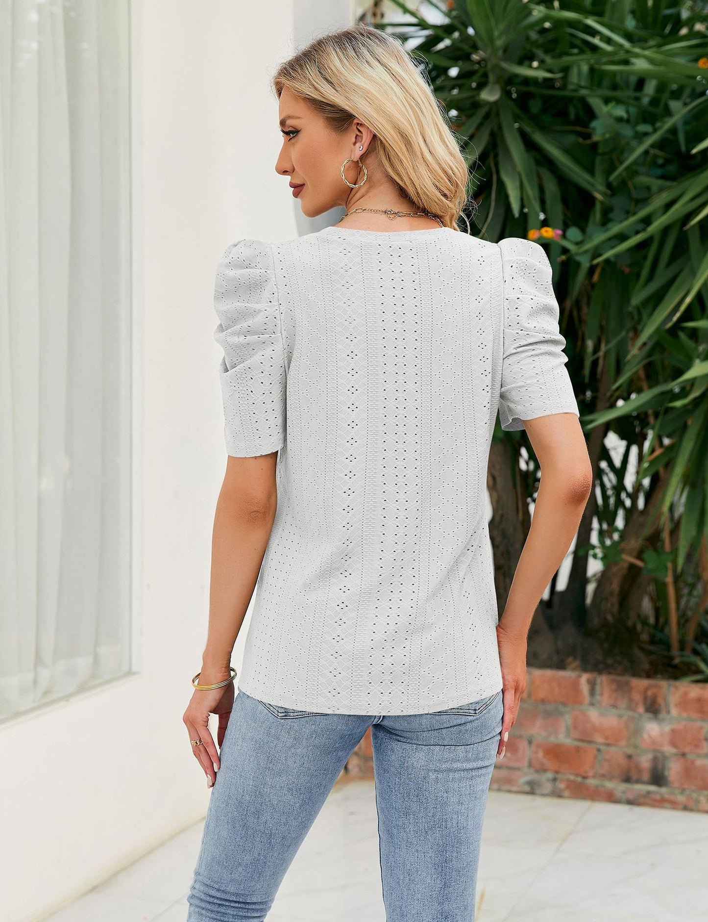 Loose Fit Ruched Sleeve Lace Knit T-Shirt for Women