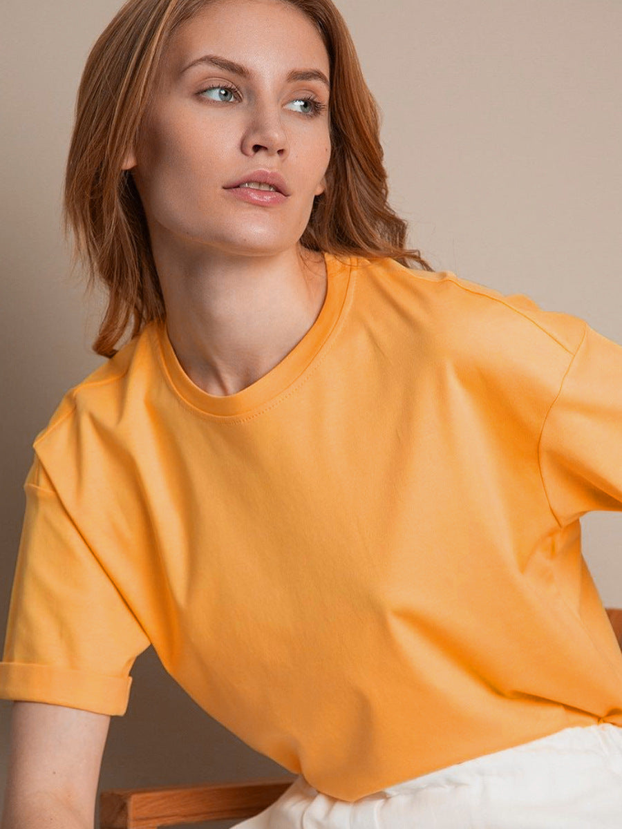Solid Cotton T Shirt Loose Fit Crewneck Casual Top