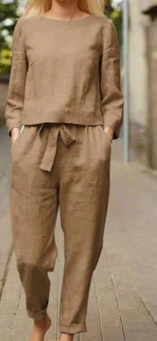 Women's Linen Blend Two Piece Set Long Sleeve Top & Pants