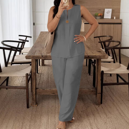 Women's Linen Blend Sleeveless Top & Wide Leg Pants Set