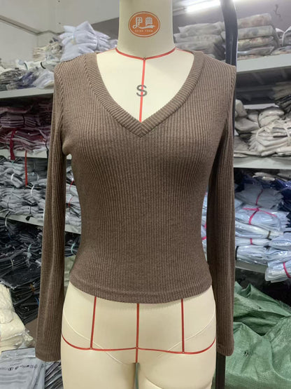 Ribbed V-Neck Long Sleeve Bodycon Crop Top