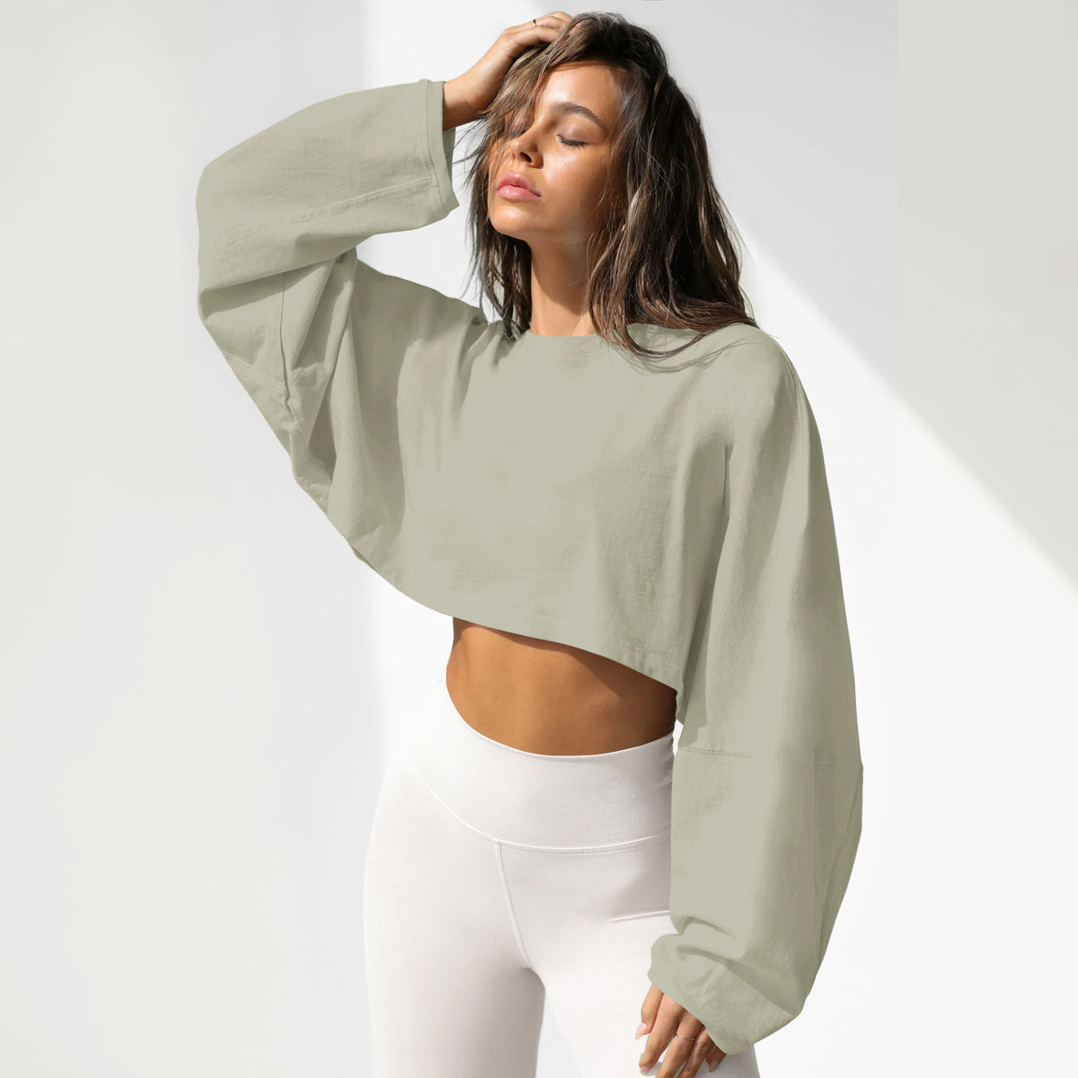 Women's Cropped Sweatshirt Crew Neck Long Sleeve Top