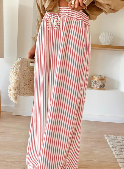 Striped Wide Leg Pants Drawstring Pocket Trousers