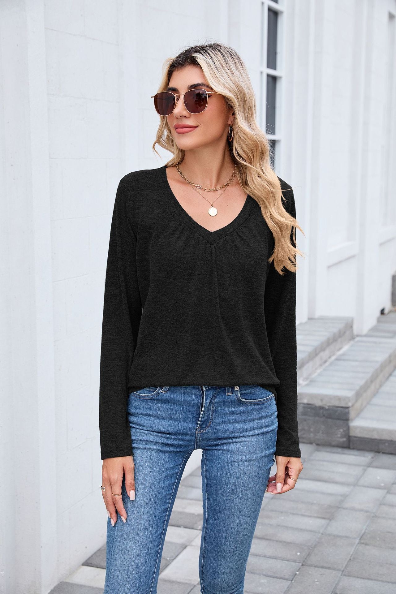 Women's Ruched V Neck Long Sleeve Loose Tunic Top