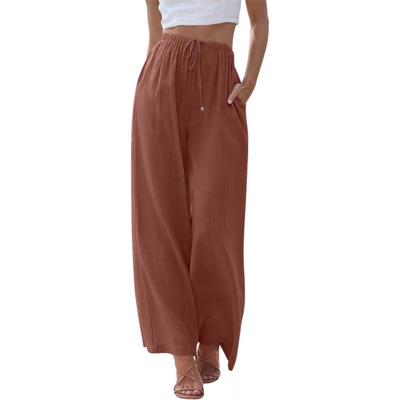 Women's Linen Wide Leg Pants Drawstring Elastic Waist