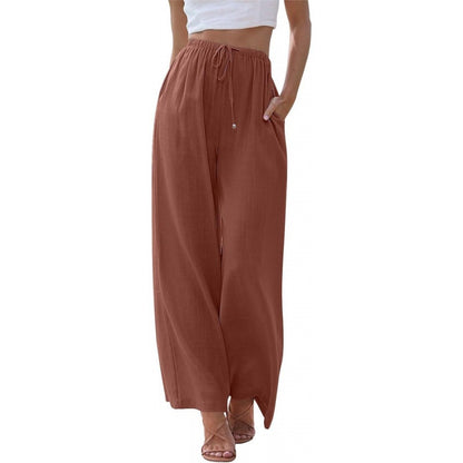 Women's Linen Wide Leg Pants Drawstring Elastic Waist