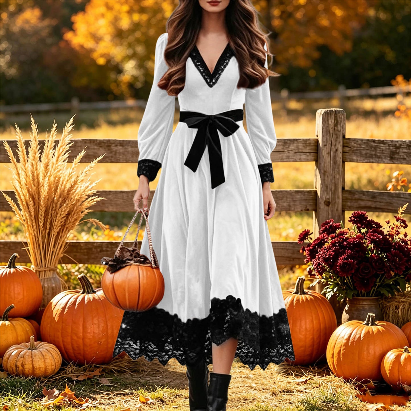 Velvet Maxi Dress V-Neck Lace Trim Puff Sleeve Flowy