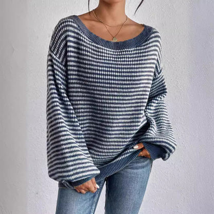 Women's Off Shoulder Striped Oversized Pullover Sweater