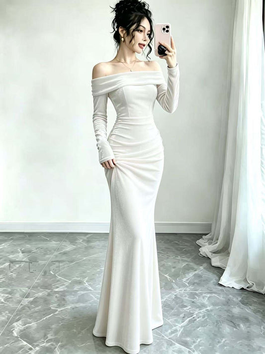 Velvet Off Shoulder Bodycon Maxi Dress Long Sleeve