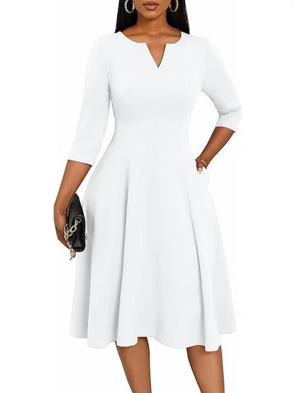 Women's 3/4 Sleeve V-Neck A-Line Midi Dress Wedding Guest