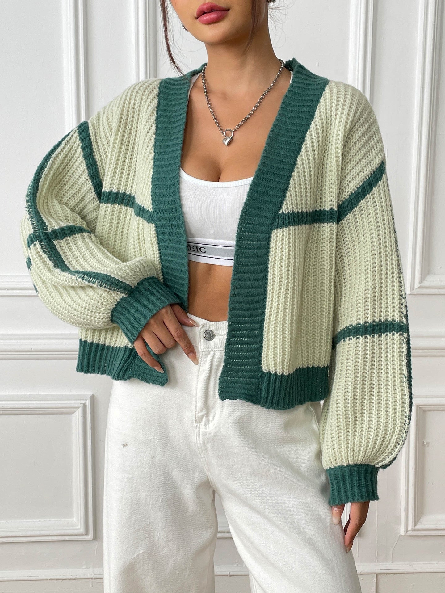Color Block Cardigan Sweater with Loose Fit for Fall