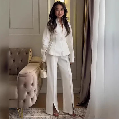 Women's 2 Piece Zip Up Cinched Waist Wide Leg Pants Set