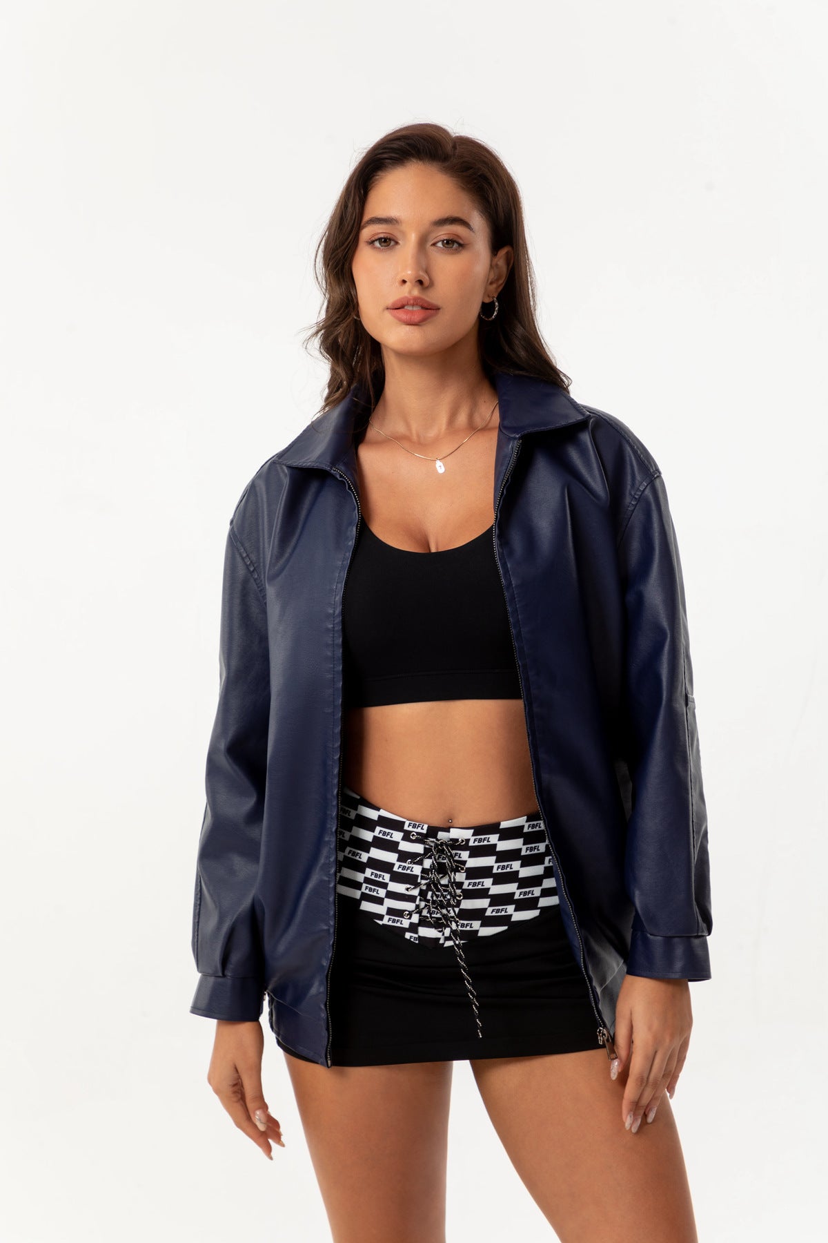 Womens Oversized Faux Leather Jacket Zip Up Casual