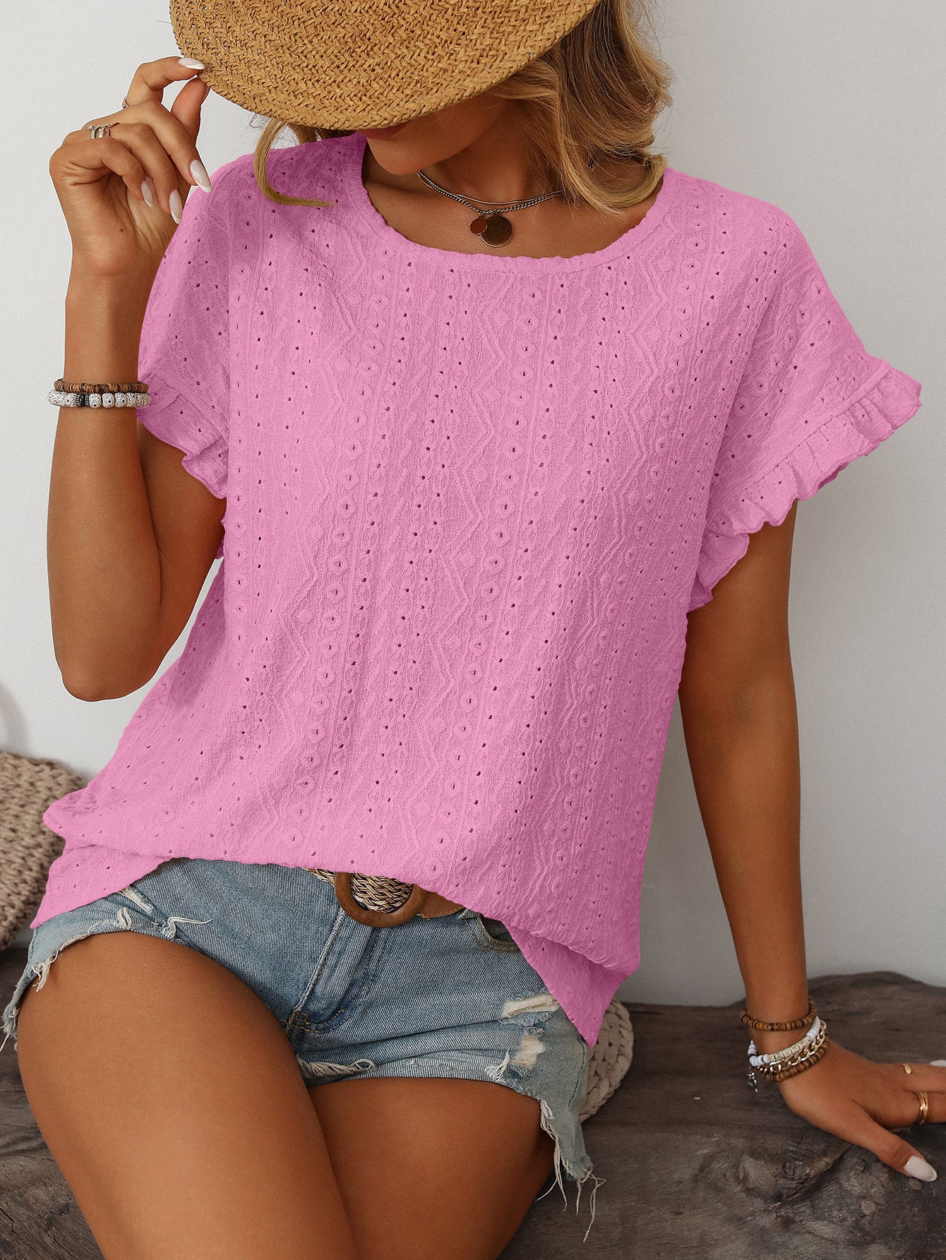 Women’s Eyelet Knit Crewneck Ruffle Sleeve Summer Top