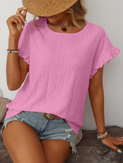 Women’s Eyelet Knit Crewneck Ruffle Sleeve Summer Top