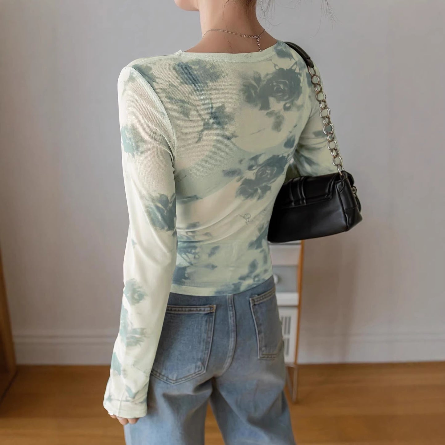 Floral Mesh Ruched Long Sleeve Crop Top