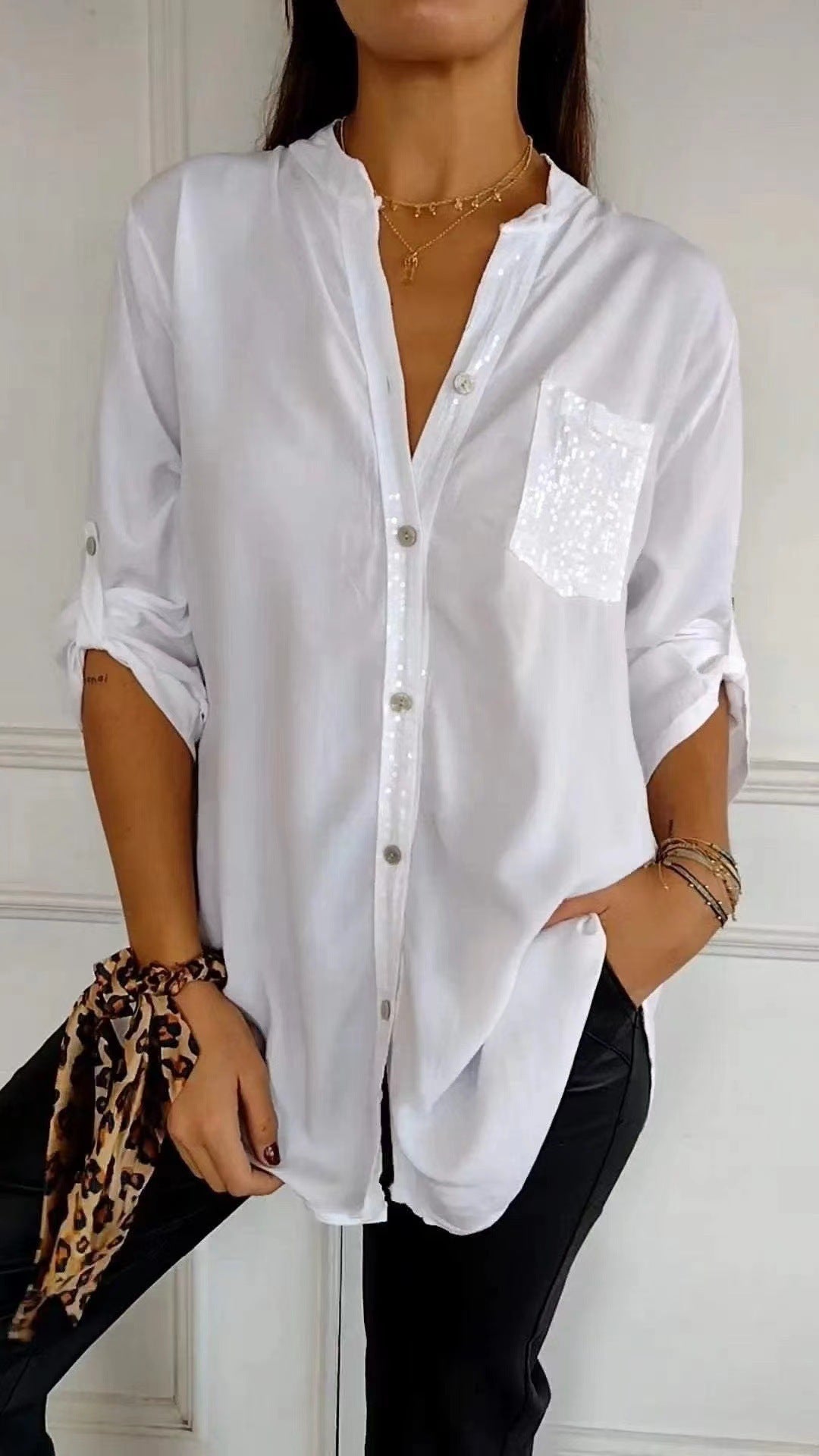 Women's Rhinestone 3/4 Sleeve Casual Button Down Blouse