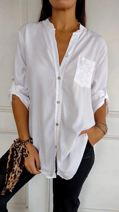 Women's Rhinestone 3/4 Sleeve Casual Button Down Blouse