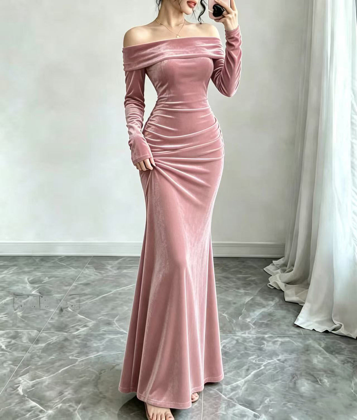 Long Sleeve Velvet Off Shoulder Bodycon Maxi Dress